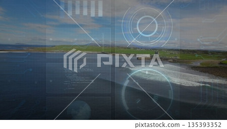 Displaying digital interface overlay over coastal shore, with futuristic HUD elements Displaying digital interface overlay over coastal shore, with futuristic HUD elements 135393352
