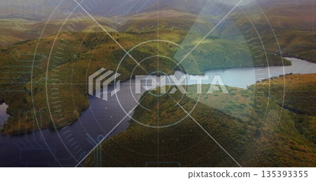 Revealing reservoir cutting through grassy hills in mountain valley, with grid and reticle overlay Revealing reservoir cutting through grassy hills in mountain valley, with grid and reticle overlay 135393355