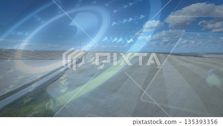 Displaying translucent HUD overlaying rural road across farm fields under blue sky, markers 135393356