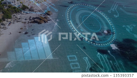 Displaying digital interface graphic overlaying coastal beach with sun umbrellas, copy space Displaying digital interface graphic overlaying coastal beach with sun umbrellas, copy space 135393357