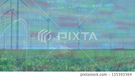 Spinning wind turbines in grass and wildflower meadow, displaying binary streams and ticker symbols Spinning wind turbines in grass and wildflower meadow, displaying binary streams and ticker symbols 135393364