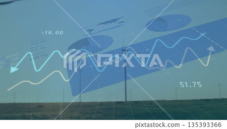 Displaying wind turbines showcasing renewable energy metrics on grassy plain, with data overlays 135393366