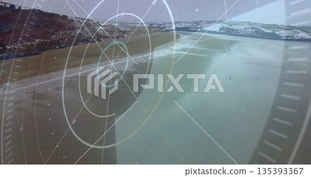 Displaying glacial lake view through radar HUD, with rings, grid lines, indicator dots and icebergs 135393367