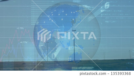 Displaying semi-transparent globe hovering over grassy plain, with line charts and wind turbines 135393368