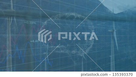 Showing white wind turbine tower standing at wind farm, with wireframe brain and chart overlays Showing white wind turbine tower standing at wind farm, with wireframe brain and chart overlays 135393370