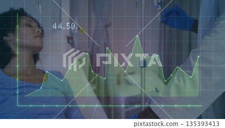 Adjusting gloved doctor regulating IV on stand in hospital with IV bag, graph overlay copy space Adjusting gloved doctor regulating IV on stand in hospital with IV bag, graph overlay copy space 135393413