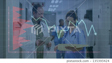 Doctor and nurse discussing patient data in hospital hallway, with tablet and graph overlays Doctor and nurse discussing patient data in hospital hallway, with tablet and graph overlays 135393424