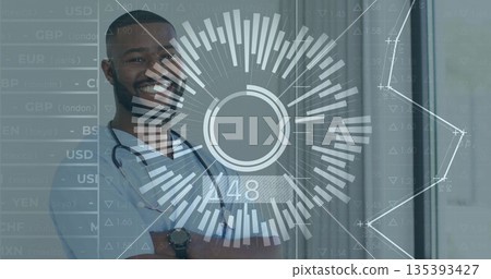 Standing doctor wearing stethoscope in corridor, displaying holographic chart A48 and rates chart Standing doctor wearing stethoscope in corridor, displaying holographic chart A48 and rates chart 135393427