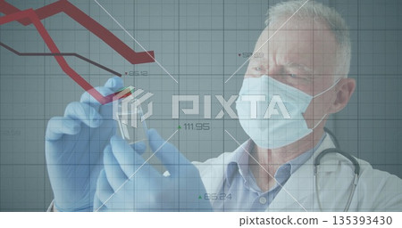Doctor wearing lab coat, mask, gloves placing vial cap in lab, graph overlay, copy space 135393430