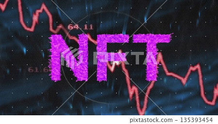 Showing fuzzy purple NFT text floating in digital interface, with red chart labels, glitch streaks Showing fuzzy purple NFT text floating in digital interface, with red chart labels, glitch streaks 135393454