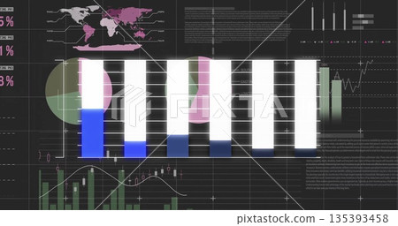 Displaying eight vertical bars alternating white tops and blue bases on dashboard, with world map Displaying eight vertical bars alternating white tops and blue bases on dashboard, with world map 135393458