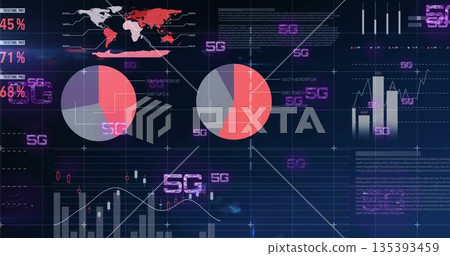 Displaying 5G network analytics dashboard panel at digital interface, with world map and pie charts Displaying 5G network analytics dashboard panel at digital interface, with world map and pie charts 135393459