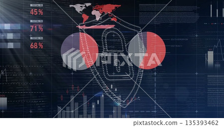 Displaying dotted shield with padlock on security dashboard, with world map, pie and bar charts 135393462