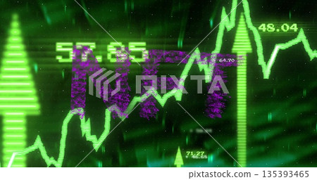 Displaying purple NFT acronym pulsing on trading screen, with neon-green line graphs, numeric data Displaying purple NFT acronym pulsing on trading screen, with neon-green line graphs, numeric data 135393465
