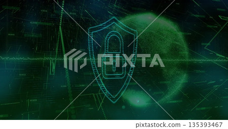 Displaying glowing shield icon guarding data streams in cyber space, with padlock, particle globe Displaying glowing shield icon guarding data streams in cyber space, with padlock, particle globe 135393467