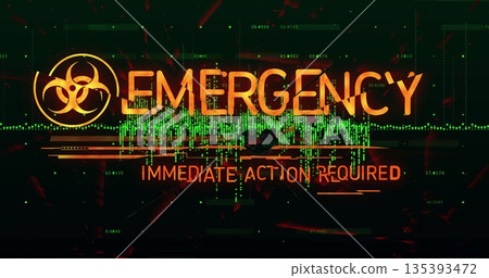 EMERGENCY: IMMEDIATE-ACTION-REQUIRED flashing on console with biohazard, red glitch over green code EMERGENCY: IMMEDIATE-ACTION-REQUIRED flashing on console with biohazard, red glitch over green code 135393472