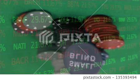 Showing red, black, gray poker chip stacks under clear stock ticker overlay on green felt table Showing red, black, gray poker chip stacks under clear stock ticker overlay on green felt table 135393494