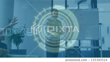 Presenter gesturing next to whiteboard in office lounge, with virtual interface and digital tablet Presenter gesturing next to whiteboard in office lounge, with virtual interface and digital tablet 135393524