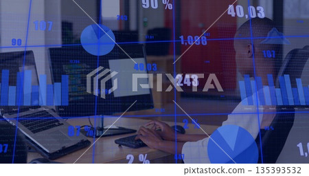 Typing African American man in white shirt using keyboard and monitors at open office, copy space 135393532