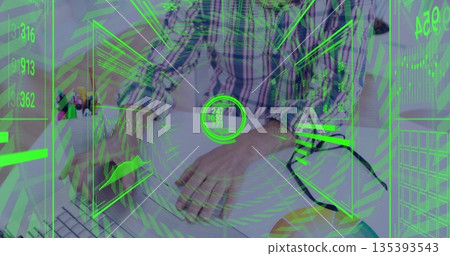 Mature man wearing plaid shirt analyzing charts graphs at office desk with keyboard and AR overlay 135393543