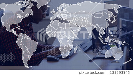 Working man wearing checkered shirt focusing on computer with dual monitors at office, copy space 135393545