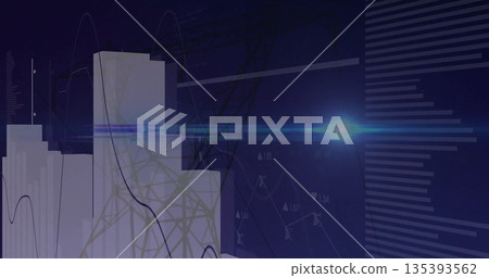 Featuring white 3D bars rising in analytics dashboard with line graphs and lens flare, copy space Featuring white 3D bars rising in analytics dashboard with line graphs and lens flare, copy space 135393562