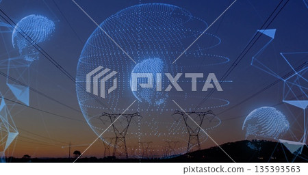 Hovering digital network sphere linking pylons, power lines and mesh lines over rural field at dusk Hovering digital network sphere linking pylons, power lines and mesh lines over rural field at dusk 135393563