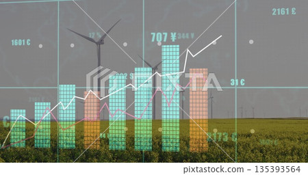 Displaying data visualization over farmland wind turbines, featuring teal bars and pink trend lines 135393564