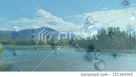 Floating molecular network graphic spanning river valley in park with forest shore and mountains Floating molecular network graphic spanning river valley in park with forest shore and mountains 135393565