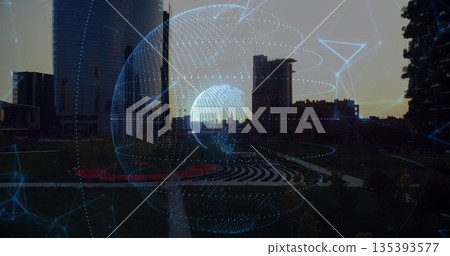 Glowing holographic digital network globe overlay hovering in urban park, with skyscraper backdrop Glowing holographic digital network globe overlay hovering in urban park, with skyscraper backdrop 135393577
