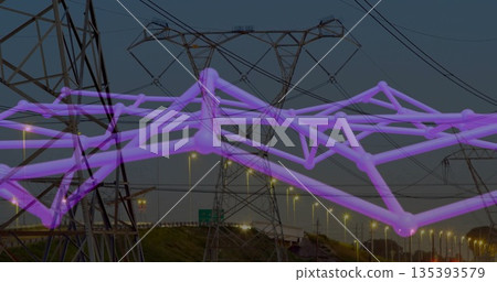 Glowing purple network overlay connecting power lines and towers along highway, lighting road below Glowing purple network overlay connecting power lines and towers along highway, lighting road below 135393579