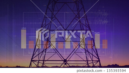 Standing power transmission tower in landscape at dusk with bar charts, line graph and grid overlay 135393594
