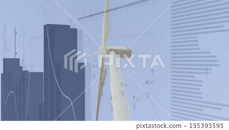 Presenting white wind turbine spinning in data scene, with dark blue bar silhouettes, line charts Presenting white wind turbine spinning in data scene, with dark blue bar silhouettes, line charts 135393595