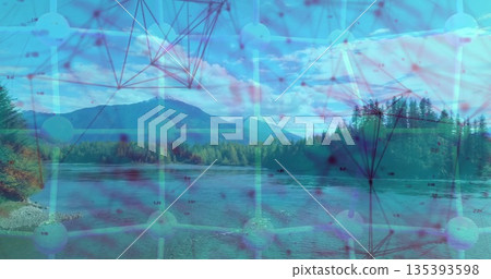 Superimposing molecular network graphic over mountain lake, with pebble shoreline and pine forest 135393598