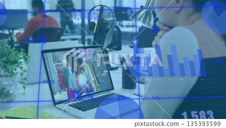 Watching office worker joining remote clothing presentation at office desk with laptop, copy space Watching office worker joining remote clothing presentation at office desk with laptop, copy space 135393599