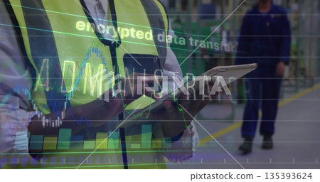 Tapping tablet technician in vest among warehouse racks, with data overlay, copy space Tapping tablet technician in vest among warehouse racks, with data overlay, copy space 135393624