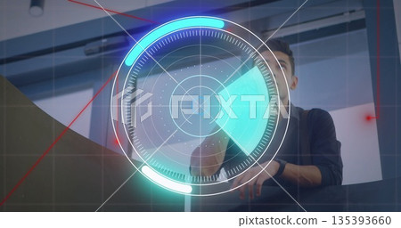 Reaching forward technician operating console in control room, using holographic radar interface 135393660