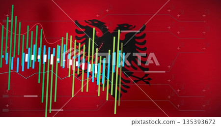 Showing eagle emblem on red flag with candlestick bars line graphs plus markers on circuit lines 135393672