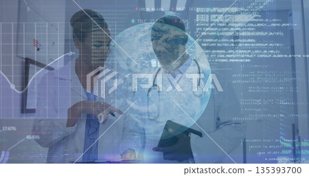 Two medical professionals examining digital data overlays in clinic, with tablet and stethoscope Two medical professionals examining digital data overlays in clinic, with tablet and stethoscope 135393700