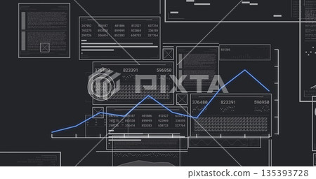 Displaying blue line graph trending across panels, with circular highlights and numeric tables Displaying blue line graph trending across panels, with circular highlights and numeric tables 135393728