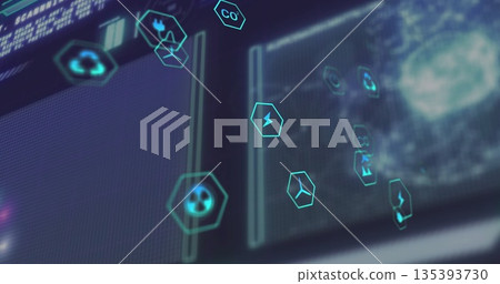 Glowing cyan hexagon icons floating across digital control interface, with data panels and globe Glowing cyan hexagon icons floating across digital control interface, with data panels and globe 135393730