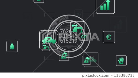 Displaying central circular digital gauge and large numeric readouts on dashboard, with green icons Displaying central circular digital gauge and large numeric readouts on dashboard, with green icons 135393735