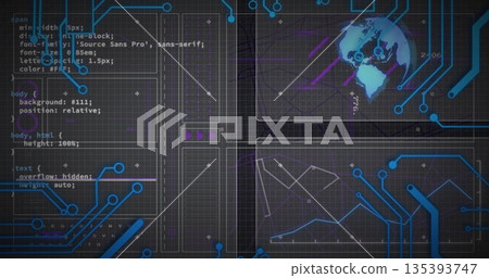 Displaying world map panel glowing with neon data lines on grid background, with CSS code blocks Displaying world map panel glowing with neon data lines on grid background, with CSS code blocks 135393747