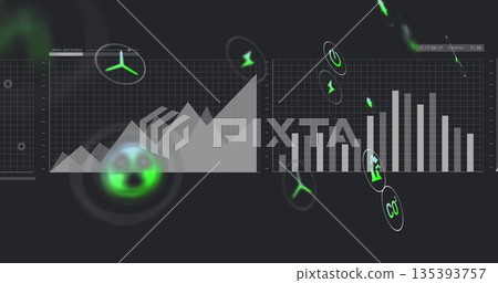 Displaying environmental dashboard showing line and bar charts on dark screen, with energy icons 135393757