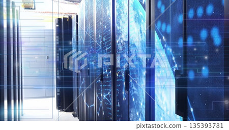 Glowing server racks lining data center corridor, with illuminated LED lights and network cables 135393781