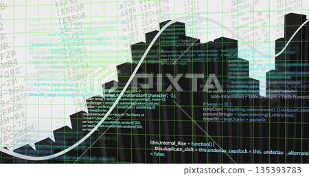 Displaying white line graph crossing black city skyline in dashboard with green grid code errors 135393783