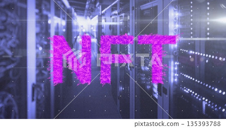 Displaying fuzzy neon pink holographic NFT letters in dim data center corridor, with blinking LEDs 135393788