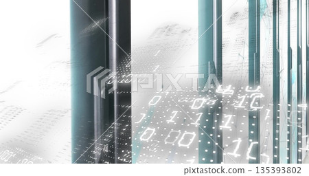 Displaying vertical translucent panels in digital scene, with floating binary digits and dot grids Displaying vertical translucent panels in digital scene, with floating binary digits and dot grids 135393802