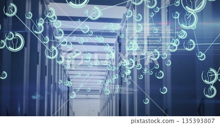 Displaying data center corridor, with blinking server rack LEDs and turquoise network node overlay 135393807