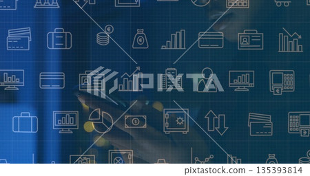 Woman's hands tapping smartphone screen on digital finance dashboard, with line-art finance icons Woman's hands tapping smartphone screen on digital finance dashboard, with line-art finance icons 135393814